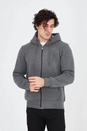 Erkek 3 İplik Pamuklu Fermuarlı Kapüşonlu Kanguru Cepli Hoodie Hırka Sweatshirt - Füme