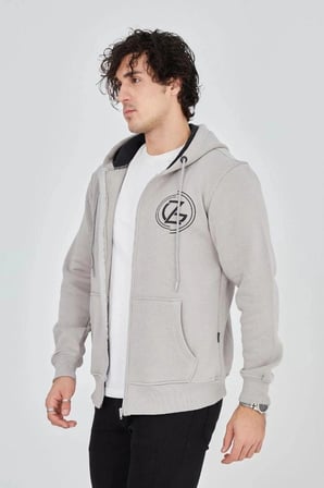 Erkek 3 İplik Pamuklu Fermuarlı Kapüşonlu Kanguru Cepli Baskılı Hoodie Hırka Sweatshirt - Boyalı Gri