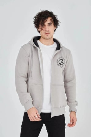 Erkek 3 İplik Pamuklu Fermuarlı Kapüşonlu Kanguru Cepli Baskılı Hoodie Hırka Sweatshirt - Boyalı Gri