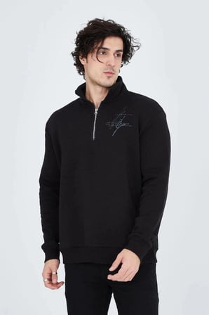 Erkek Yarım Fermuarlı Baskılı 3  iplik pamuklu sweatshirt - Siyah