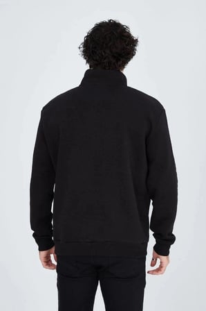 Erkek Yarım Fermuarlı Baskılı 3  iplik pamuklu sweatshirt - Siyah