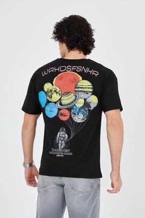Erkek Baskılı T-Shirt Kısa Kol Bisiklet Yaka Regular Fit Rahat Kalıp Günlük Tişört - Siyah