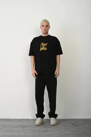 Erkek Baskıkı Kısa kok Bisiklet Yaka  T-Shirt - Siyah