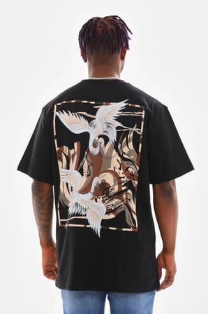 Erkek Baskılı T-Shirt Yazlık Kısa Kol Bisiklet Yaka Tişört - Siyah
