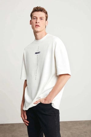 Erkek Baskılı T-Shirt Kısa Kol Bisiklet Yaka Regular Fit Rahat Kalıp Tişört - Beyaz