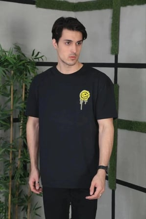 Erkek Kısa Kol Yazlık Tişört Bisiklet Yaka Baskılı Oversize T-Shirt - Siyah