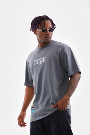 Erkek Tişort  Bisiklet Yaka Baskılı Oversize T-Shirt - Gri