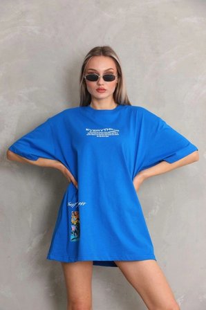 kadın Bisiklet Yaka Baskılı Oversize T-Shirt - Mavi