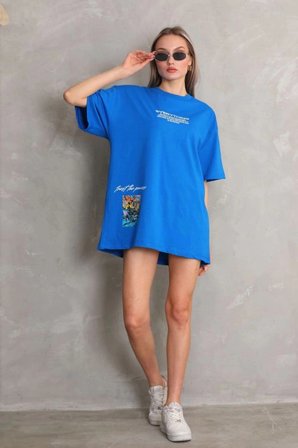 kadın Bisiklet Yaka Baskılı Oversize T-Shirt - Mavi