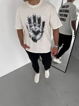 Erkek Baskılı T-Shirt Kısa Kol Bisiklet Yaka Regular Fit Rahat Kalıp Günlük Tişört - Beyaz