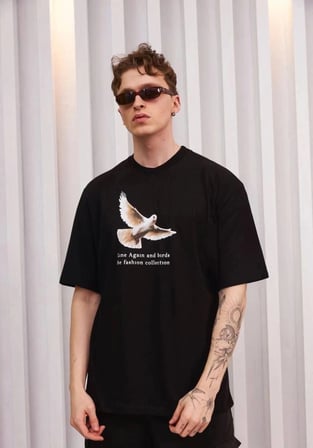 Erkek Kısa Kol Yazlık Tişört Bisiklet Yaka Baskılı Oversize T-Shirt - Siyah