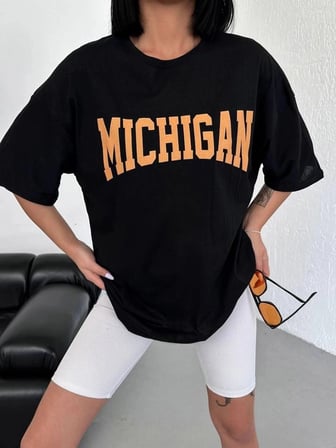 Kadın Baskılı T-Shirt Kısa Kol Bisiklet Yaka Oversize Tişört - Siyah