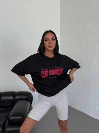 Kadın Kısa Kol Yazlık Tişört Bisiklet Yaka Los Angeles Baskılı T-Shirt - Siyah