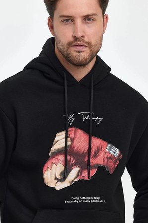 Erkek 3 İplik Pamuklu Kapüşonlu Cepli Boxy Eldiven Baskılı Hoodie Sweatshirt - Siyah