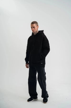 Erkek 3 İplik Pamuklu Oversize Kapüşonlu Nakışlı Hoodie SweatShirt - Siyah