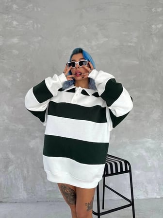Kadın 3 iplik Pamuklu Parçalı Yakalı SweatShirt - Yeşil