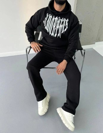 Erkek Kapüşonlu Kanguru Cepli Sweatshirt 3 İplik Pamuklu Baskılı Hoodie -  Siyah