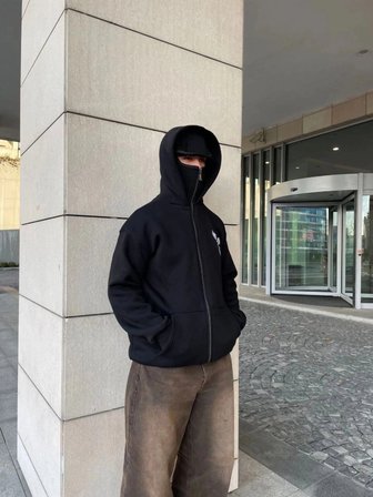 Erkek 3 iplik Samuray kapüşonlu ZIP Fermuarlı SweatShirt Hoodie - Siyah