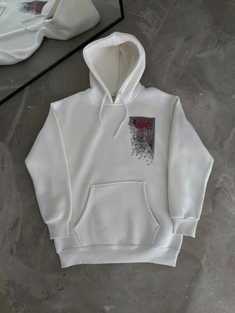Erkek Kapüşonlu Kanguru Cepli Sweatshirt 3 İplik Pamuklu Baskılı Hoodie - Beyaz