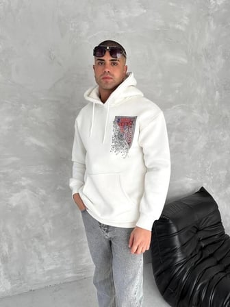 Erkek Kapüşonlu Kanguru Cepli Sweatshirt 3 İplik Pamuklu Baskılı Hoodie - Beyaz