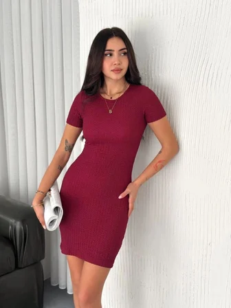 Kadın Bisiklet Yaka Kısa Kol Likralı Elbise - Bordo