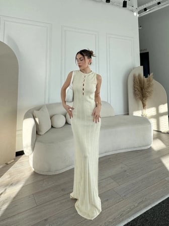 Kadın Kalın Fitilli Uzun Triko Elbise - Kırık Beyaz