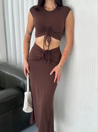 Osy Modal Yumuşak Dokulu Kumaş Büzgülü Crop Etek Takım -Kahverengi