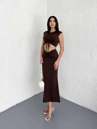 Osy Modal Yumuşak Dokulu Kumaş Büzgülü Crop Etek Takım -Kahverengi