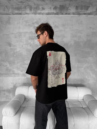 ERKEK Tişört Kısa Kol Ön ve Arka Baskılı Oversize Bisiklet Yaka T-shirt - Siyah
