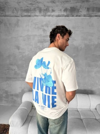 Erkek Ön ve Arka Baskılı T-Shirt Kısa Kol Bisiklet Yaka Regular Fit Tişört - Beyaz