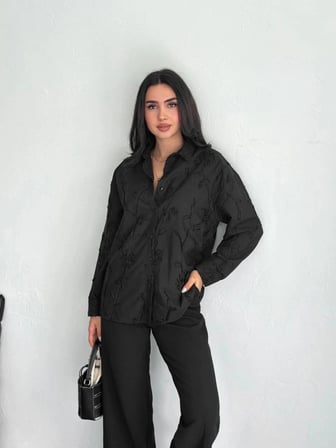 Kadın Nakışlı Uzun Kollu Gömlek - Siyah