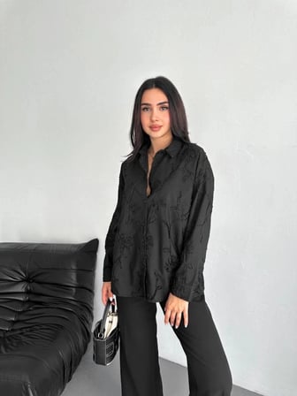 Kadın Nakışlı Uzun Kollu Gömlek - Siyah