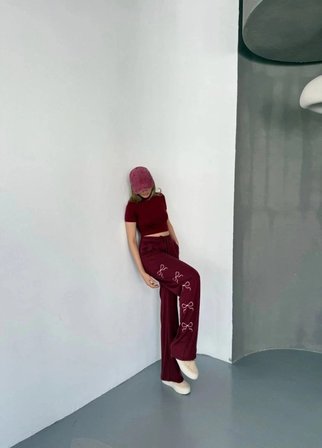 Kadın Osy Modal Yumuşak Dokulu Kumaş Nakış işlemeli Rahat Bol Paça Eşofman Pantolon - Bordo