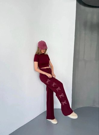 Kadın Osy Modal Yumuşak Dokulu Kumaş Nakış işlemeli Rahat Bol Paça Eşofman Pantolon - Bordo
