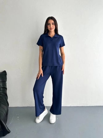 Kadın Osy Modal Yumuşak Dokulu Kısa Kollu Yakalı Pantolon ikili Takım - Lacivert