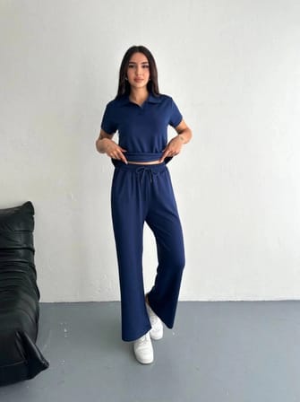 Kadın Osy Modal Yumuşak Dokulu Kısa Kollu Yakalı Pantolon ikili Takım - Lacivert