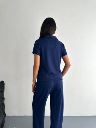 Kadın Osy Modal Yumuşak Dokulu Kısa Kollu Yakalı Pantolon ikili Takım - Lacivert