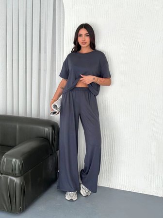 Kadın Osy Modal Yumuşak Dokulu Kumaş Bisiklet Yaka T-shirt Bol paça Pantalon ikili Takım -Antrasit