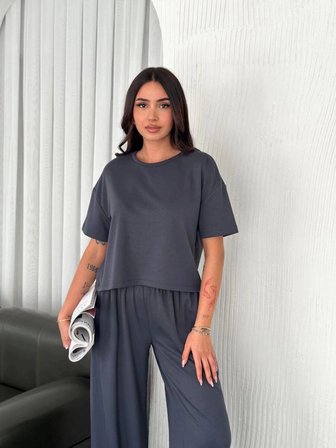 Kadın Osy Modal Yumuşak Dokulu Kumaş Bisiklet Yaka T-shirt Bol paça Pantalon ikili Takım -Antrasit