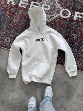 Erkek Kapüşonlu Kanguru Cepli Sweatshirt 3 İplik Pamuklu Baskılı Hoodie -  Beyaz