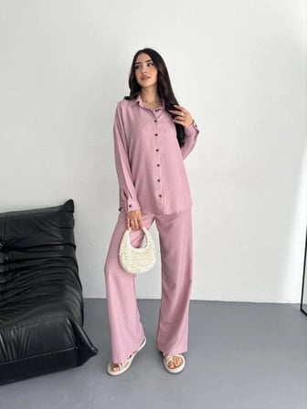Kadın Gömlek Pantolon ikili Alt-Üst Takım - Toz Pembe