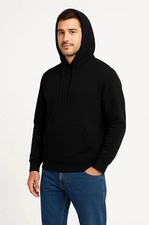 Erkek 3 İplik Pamuklu Kapüşonlu Kanguru Cepli SweatShirt hoodie - Siyah