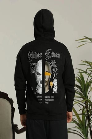 Erkek Kapüşonlu Kanguru Cepli Sweatshirt 3 İplik Pamuklu Baskılı Hoodie - Siyah