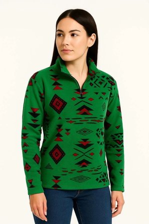Kadın Yarım Fermuarlı Desenli Polar Sweat Tribal Etnik Desen Yakalı Uzun Kollu - Yeşil
