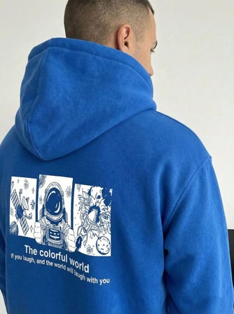 Erkek Baskılı Kapüşonlu Cepli Hoodie 3 İplik Pamuklu Sweatshirt - Saks Mavisi