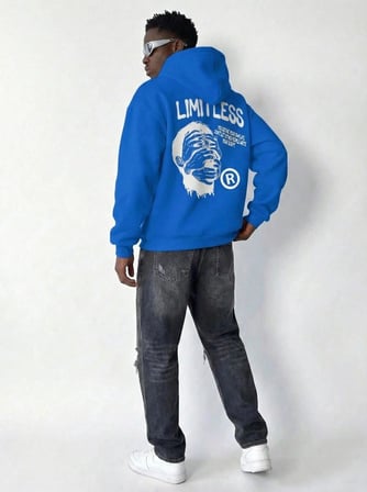 Erkek Baskılı Kapüşonlu Cepli Hoodie 3 İplik Pamuklu Sweatshirt - Saks Mavisi