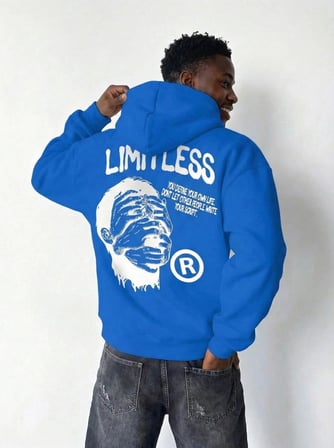 Erkek Baskılı Kapüşonlu Cepli Hoodie 3 İplik Pamuklu Sweatshirt - Saks Mavisi