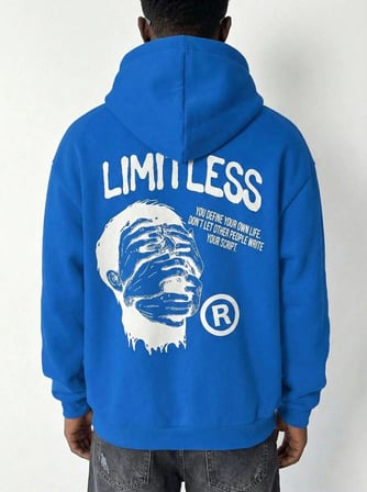Erkek Baskılı Kapüşonlu Cepli Hoodie 3 İplik Pamuklu Sweatshirt - Saks Mavisi