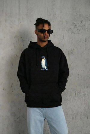Erkek Survivor Penguin Baskılı 3 İplik Pamuklu Kapüşonlu Sweatshirt Hoodie Siyah