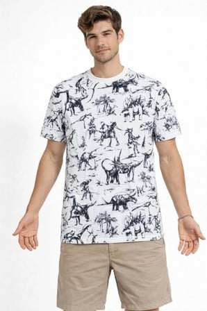 Erkek Dinozor Dijıtal ön ve arka Baskılı Tişört Bisiklet Yaka T-Shirt - Beyaz